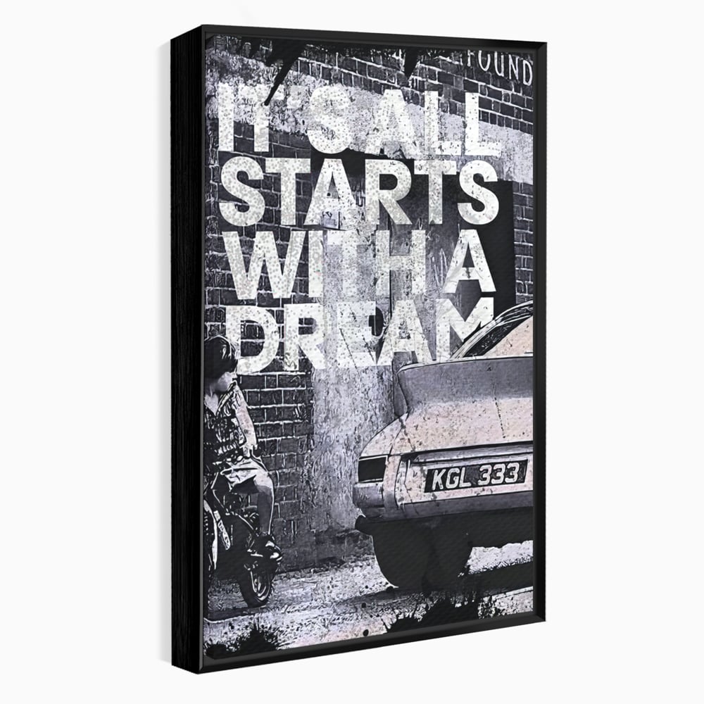 Tablou canvas cu tablou motivational alb-negru cu text si masina, in rama de aluminiu negru